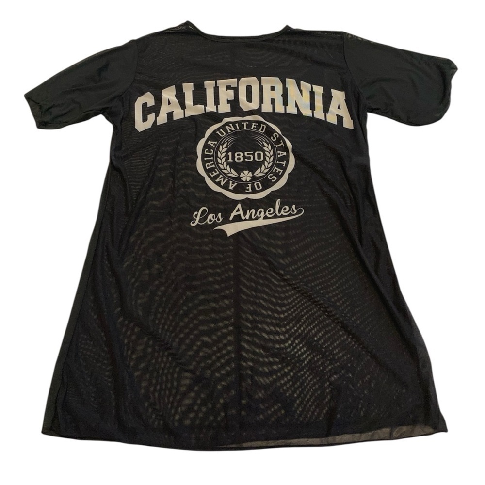 💜 Black California Los Angeles Sheer Mesh T-Shirt Dress Tunic Cover Up Large